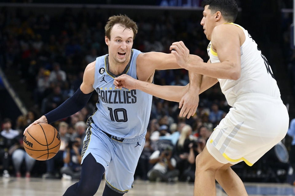 <strong>Memphis Grizzlies guard Luke Kennard (10) drives against Utah Jazz forward Simone Fontecchio during the second half of a game Feb. 15, 2023, in Memphis. Kennard is listed as questionable ahead of the Grizzlies&rsquo; Game 6 in their NBA playoff series against the Los Angeles Lakers.</strong> (Brandon Dill/AP Photo file)