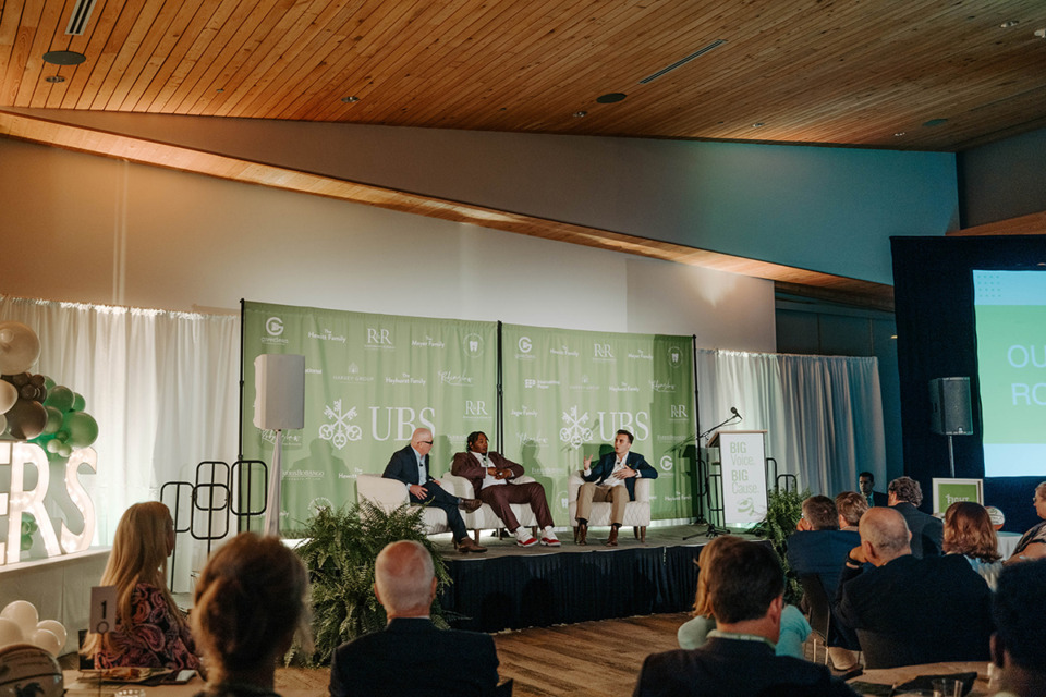 <strong>Coaching for Literacy co-founder Jonathan Wilfong (right) and Frank Herron (center) speak with CBS Sports' Gary Parrish (left) in a panel during the Game Changers Gala April 27.</strong> (Courtesy The Haven Agency)