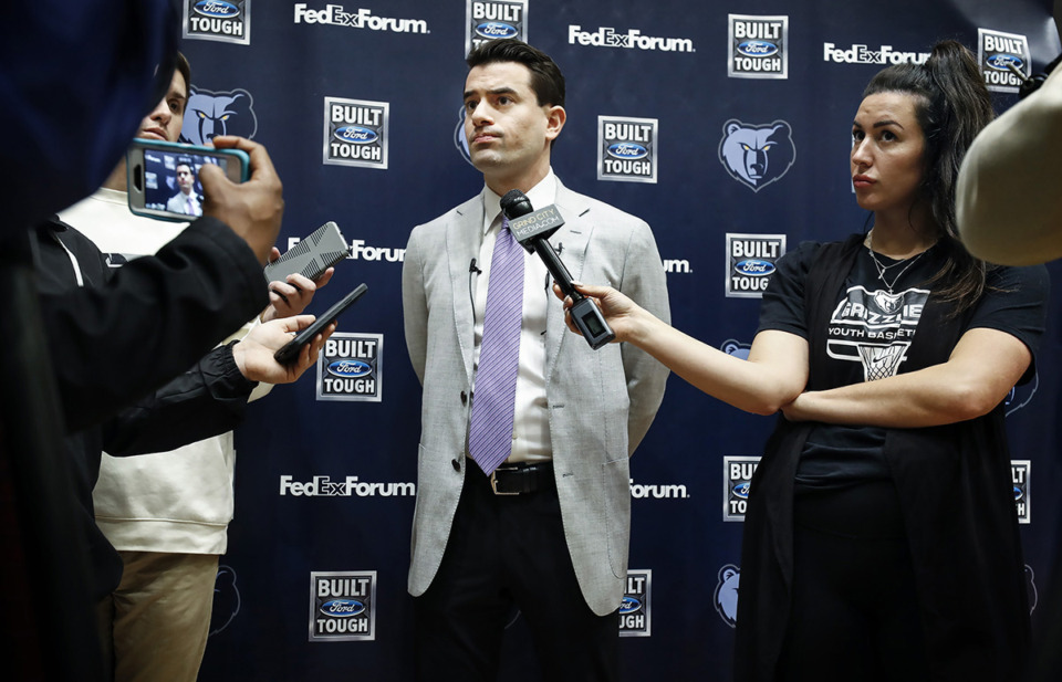 <strong>The Memphis Grizzlies&rsquo; vice president of basketball operations Zach Kleiman (middle) speaks during a press conference Feb. 10, 2020, at FedExForum. Kleiman shared the status of several injured players heading into the offseason Sunday, in addition to other updates.</strong> (Mark Weber/The Daily Memphian file)