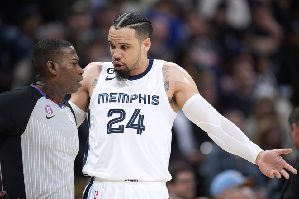 <strong>Memphis Grizzlies forward Dillon Brooks (right) talks with referee James Williams during a game against the Denver Nuggets on Friday, March 3, 2023, in Denver. Brooks will be an unrestricted free agent this summer.</strong> (David Zalubowski/AP Photo file)