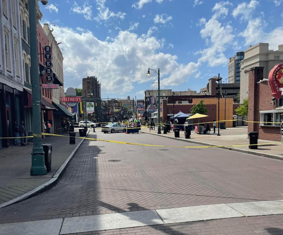 <strong>Two individuals were shot on Beale Street Sunday afternoon, April 30, 2023, according to a statement from the Memphis Police Department.</strong>&nbsp;<strong>Yellow crime scene tape marks the area.</strong> (Courtesy Paige Blanchard)
