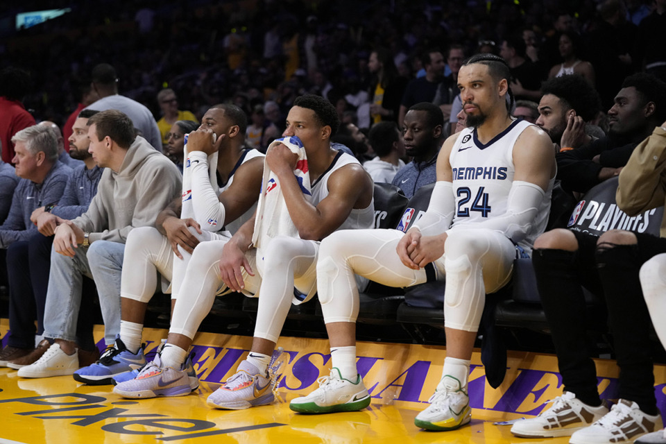 <strong>From right, Memphis Grizzlies' Dillon Brooks, Desmond Bane and Xavier Tillman watch from the bench during the second half in Game 6 of the team's first-round NBA basketball playoff series against the Los Angeles Lakers April 28 in Los Angeles. The Lakers won 125-85.</strong> (Jae C. Hong/AP file)