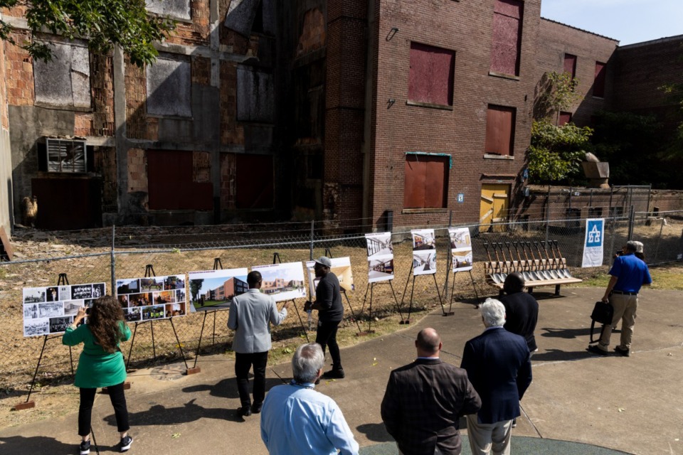 <strong>In October 2022, Orange Mound community members viewed renderings of the old Melrose High School renovation during the groundbreaking for the project. The building, which was vacant in the neighborhood for more than 40 years, will become a library, genealogy center and affordable senior housing.&nbsp;</strong>(Brad Vest/Special to The Daily Memphian file)