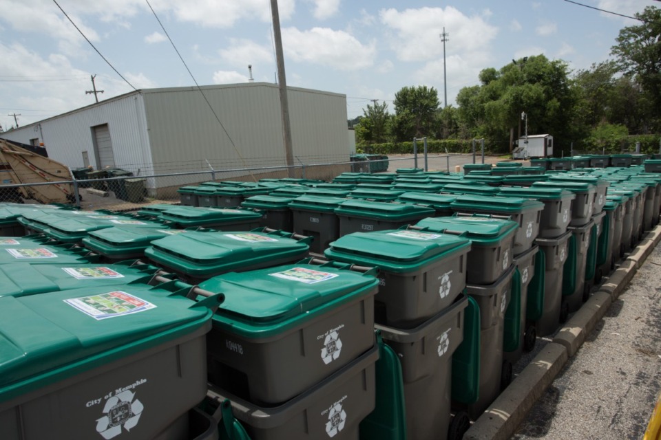 <strong>Thousands of new 96-gallon recycling containers stand ready for distribution at the City of Memphis Public Works Solid Waste.</strong> (The Daily Memphian file)