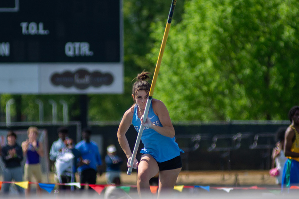 <strong>Caroline Weems a senior from St. Agnes makes her first of two attempts at the state Girls Pole Vault record on Saturday, April 15, 2023.</strong> (Joshua White/Special to The Daily Memphian)