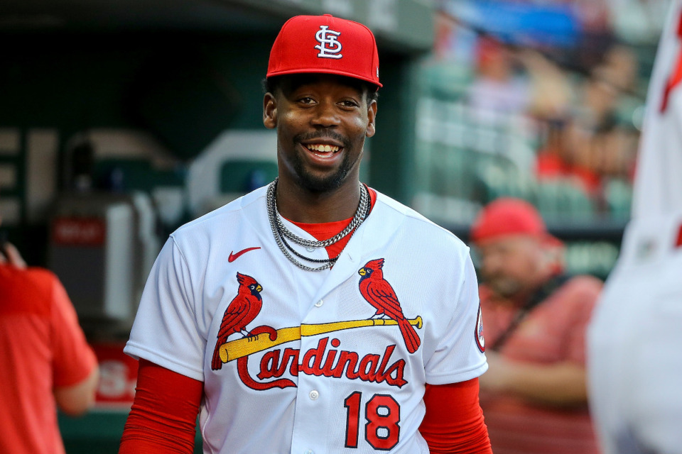 <strong>St. Louis Cardinals' Jordan Walker smiles while in the dugout before a baseball game against the Pittsburgh Pirates Thursday, April 13, 2023, in St. Louis.</strong> (Scott Kane/AP Photo)