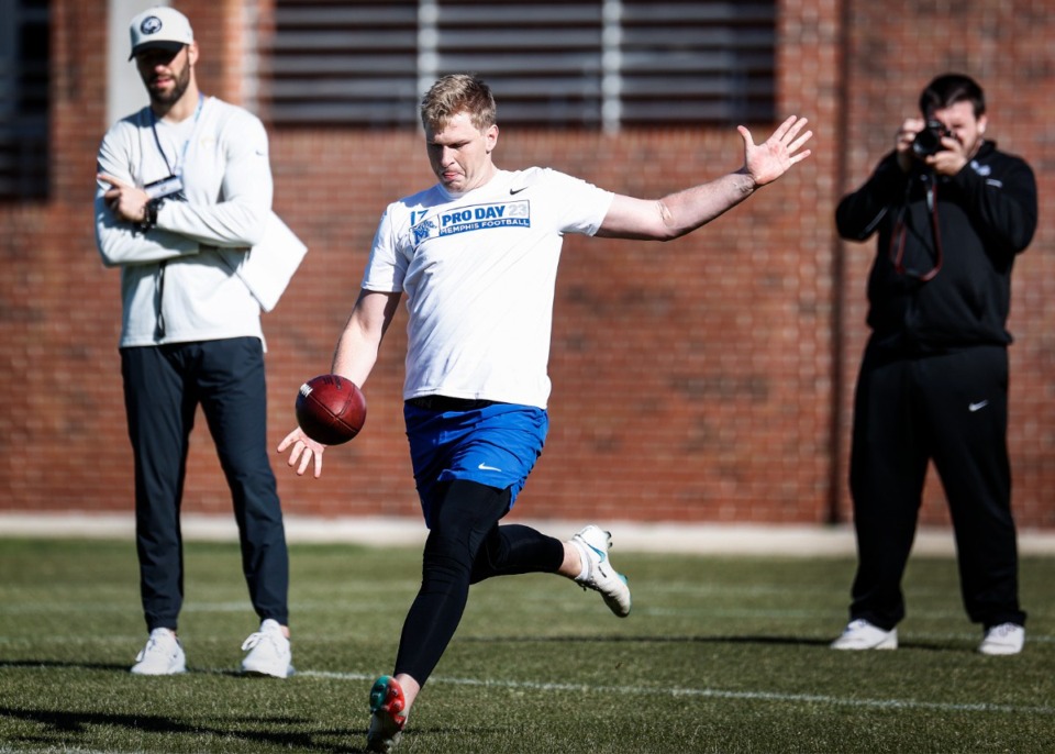 <strong>University of Memphis punter Joe Doyle performs during football pro day on Monday, March 27, 2023.</strong> (Mark Weber/The Daily Memphian file)
