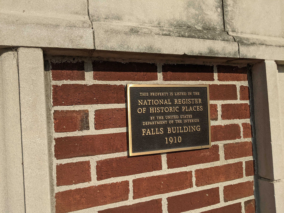 <strong>A sign at the Falls Building at 22 N. Front St. says the building was built in 1910 and is listed on the National Register of Historic Places.</strong> (Neil Strebig/The Daily Memphian file)