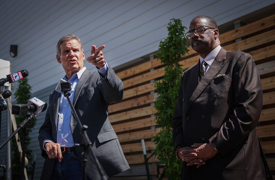 <strong>Tennessee Gov. Bill Lee and Church of God in Christ presiding bishop J. Drew Sheard answer question at a May 3 press conference.</strong> (Patrick Lantrip/The Daily Memphian)