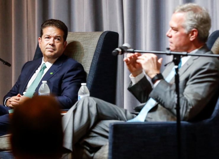 CEO of TD Bank NA, Leo Salom, (left) and CEO of First Horizon, Bryan Jordan, were the guest speakers at the Positively Memphis luncheon on Monday, Aug. 1, 2022.(Mark Weber/The Daily Memphian file)