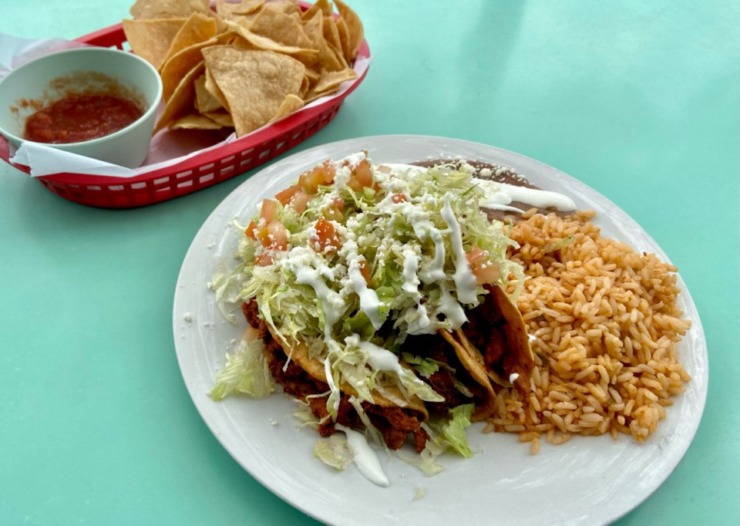 <strong>Three fried tacos pastor, with beans and rice and a serving of salsa and chips, is $10 at Maciel&rsquo;s.</strong> (Joshua Carlucci/The Daily Memphian file)