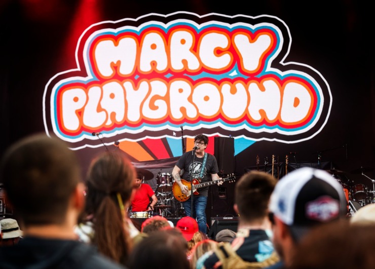 <strong>The sign says it all as Marcy Playground singer John Wozniak performs at Beale Street Music Festival on Friday, May 5, 2023.</strong> (Mark Weber/The Daily Memphian)