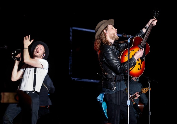 <strong>The Lumineers drummer Jeremiah Fraites (left) and singer Wesley Schultz (right) perform Friday night at Beale Street Music Festival.</strong> (Mark Weber/The Daily Memphian)