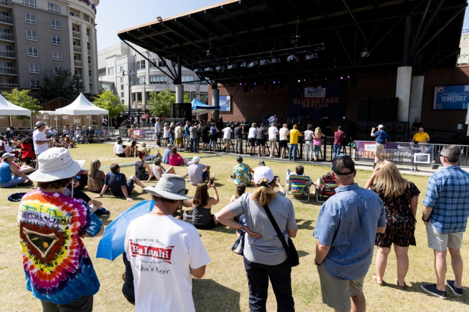 <strong>Some music fans enjoy the performance from a distance while others stand at the Blues Tent barricade at W.C. Handy Park, Saturday, May 6, 2023.</strong> (Brad Vest/Special to The Daily Memphian)