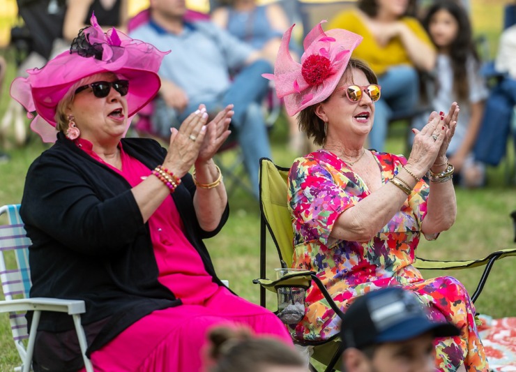 <strong>Judy Wimbs (left) and Sarah Sawyer root for their favorite picks of the 149th Kentucky Derby at the watch party at the GPAC's Outdoors at The Grove, Saturday, May 6, 2023.</strong> (Greg Campbell/Special to The Daily Memphian)