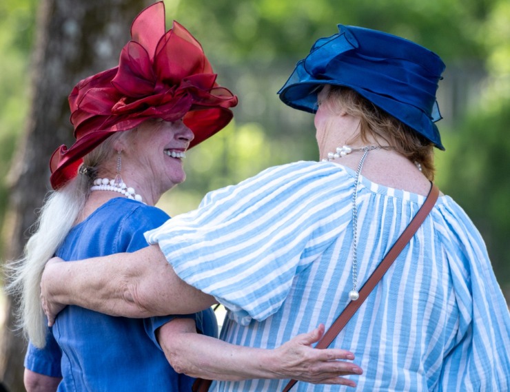 <strong>Just like the real Kentucky Derby, guests at the Germantown watch party including Denise Little (left) and Marisa Gullion wore elegant hats.</strong> (Greg Campbell/Special to The Daily Memphian)