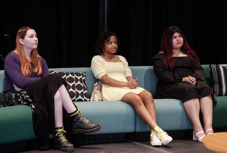 <strong>Tom Lee Poetry and Spoken Word winners (left to right) Riley Hanock, Crosstown High School, Ana Hunter, Hutchison High School, and Guadalupe Moctezuma Gatica, Central High School, attend an event May 8.</strong> (Mark Weber/The Daily Memphian)