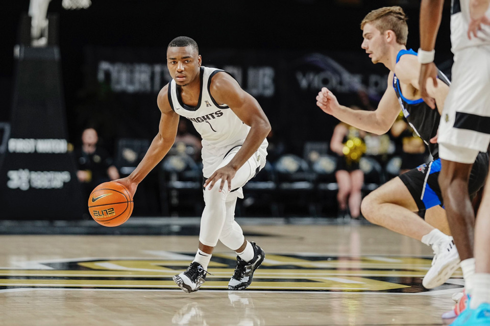 <strong>Jayhlon Young started eight games for the Knights to open the 2022-23 season. Young will play for Penny Hardaway&rsquo;s Tigers in the Fall.</strong> (Courtesy Jordan Chatman and Ken Landis)