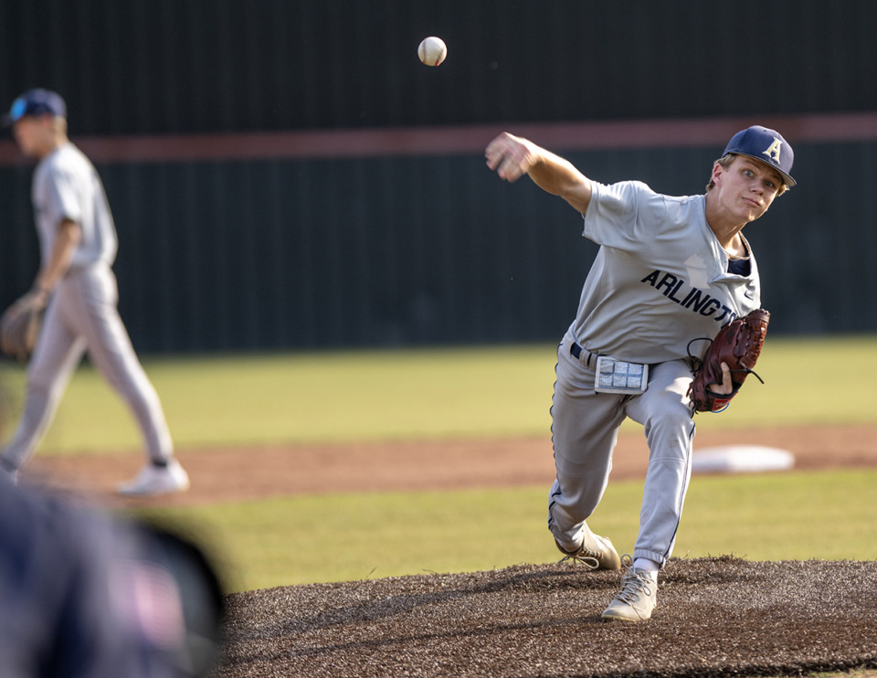 <strong>Arlington pitcher Jack Hibbard pitches to District 15-4A rivals Collierville in the championship game May 8 at Houston High School. Arlington defeated Collierville 3-2.</strong> (Greg Campbell/Special to The Daily Memphian)