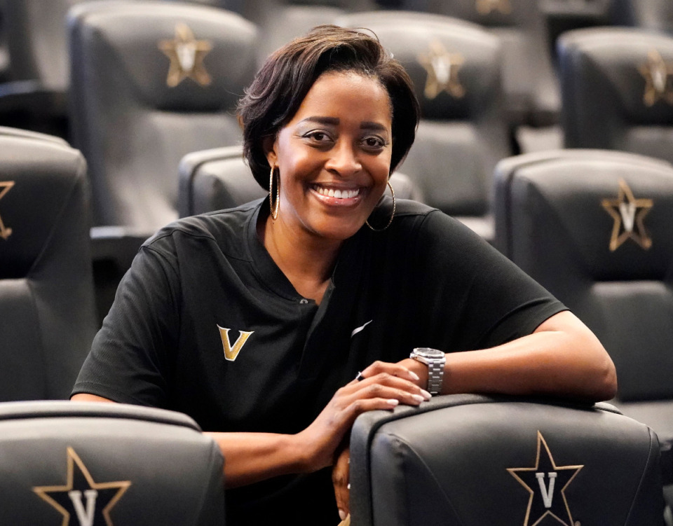 <strong>Vanderbilt Athletic Director Candice Lee sits in a meeting room in the school's athletic administration office building June 8, 2022, in Nashville, Tenn.&nbsp;</strong> (AP Photo/Mark Humphrey, File)