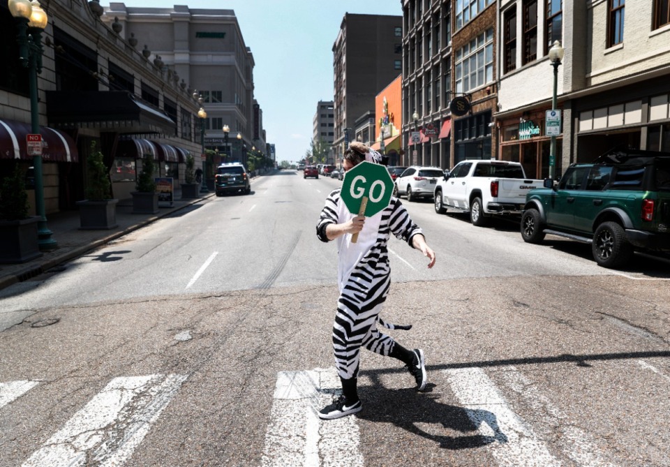 <strong>Memphis Medical District Collaborative employee Kirkwood Vangeli wears a Zebra costume while helping pedestrians cross Union Avenue May 9.</strong> (Mark Weber/The Daily Memphian)