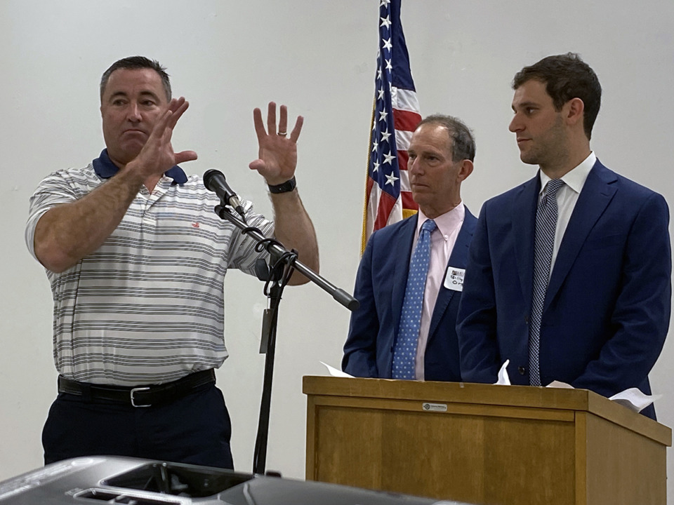 <strong>Arlington Mayor Mike Wissman (left)&nbsp; Billy Orgel (center) and son Benjamin Orgel (right), developers of Providence Place in Arlington discussed the project last year at an Arlington luncheon last May</strong>. (Michael Waddell/Special to The Daily Memphian file)