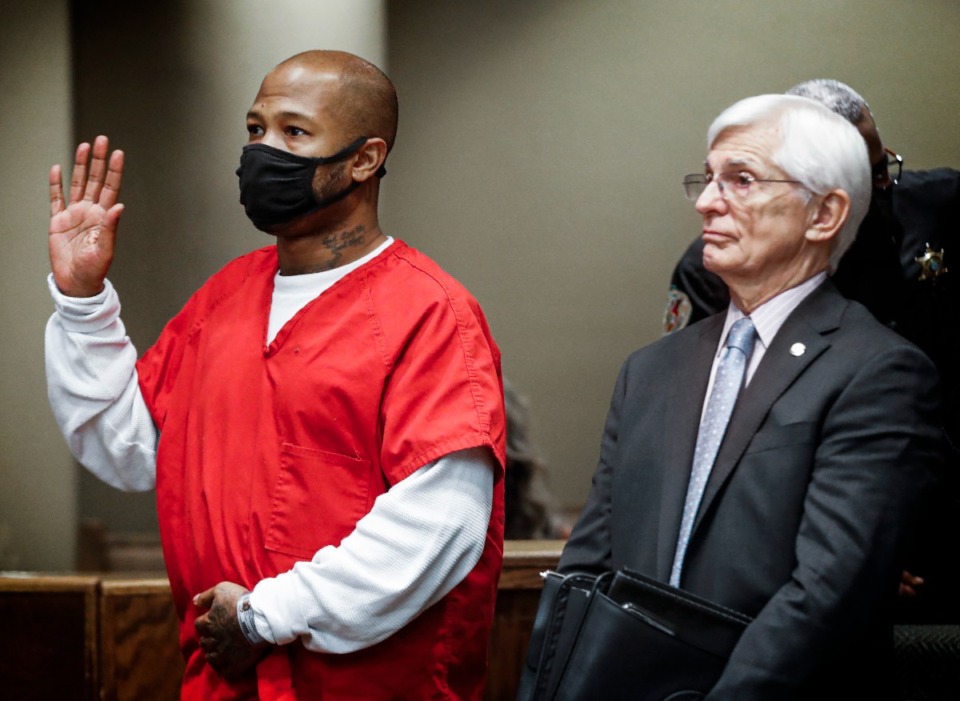 <strong>Hernandez Govan, (left) arrested in the murder of Memphis rapper Young Dolph, along with his lawyer William Massey (right) is arraigned in Judge Lee Coffee&rsquo;s courtroom on Thursday, Nov. 17, 2022. Govan&rsquo;s bail was set Thursday, May 11, 2023.</strong> (Mark Weber/The Daily Memphian file)
