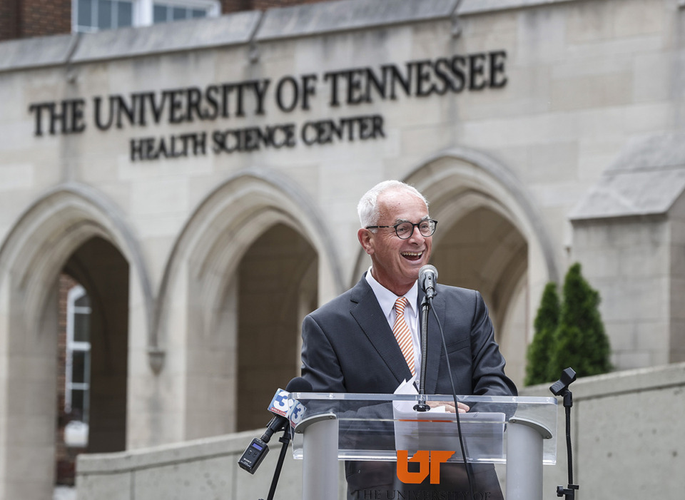 <strong>University of Tennessee Health Science Center Chancellor Peter Buckley speaks during a Thursday, May 11 unveiling ceremony for a mobile health unit dedicated to expanding rural health care access in Tennessee.</strong> (Mark Weber/The Daily Memphian)