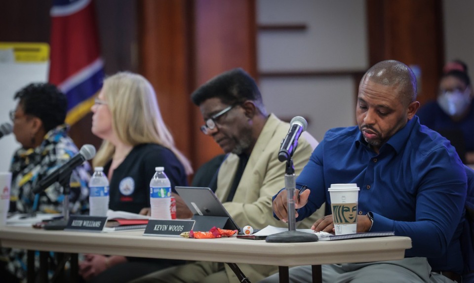 <strong>Kevin Woods, (from left) Keith Williams, Amber Huett-Garcia and Rev. Althea Greene take notes at a May 12, 2023 superintendent board retreat.</strong> (Patrick Lantrip/The Daily Memphian)