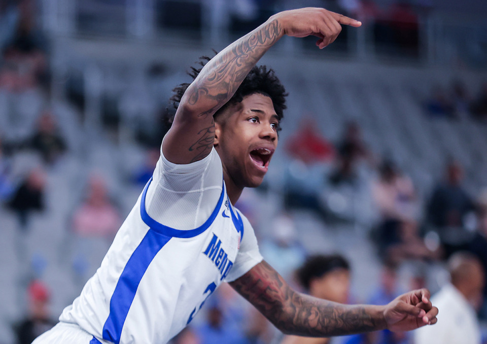 <strong>University of Memphis guard Kendric Davis (3) argues a non-call during a March 11 game against Tulane.</strong> (Patrick Lantrip/The Daily Memphian file)