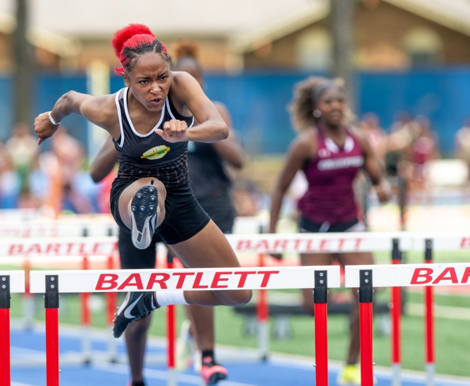 <strong>Central High School's Denver Winters wins the girls 100 meter hurdles in the TSSAA Section 4 AAA track championships Saturday, May 13, 2023 at Bartlett High School.</strong> (Greg Campbell/Special to The Daily Memphian)