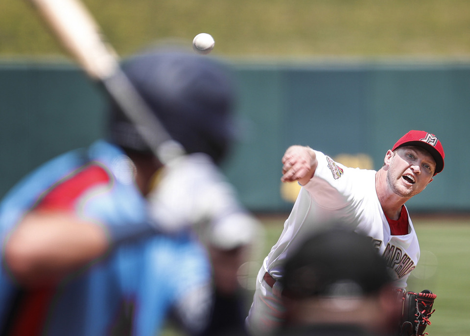 <strong>Memphis Redbirds pitcher Tommy Pearsons throws a pitch to home plate during action against the Jacksonville Jumbo Shrimp on Thursday, May 4, 2023. The Redbirds begin a 12-game homestand on Tuesday.</strong> (Mark Weber/The Daily Memphian)