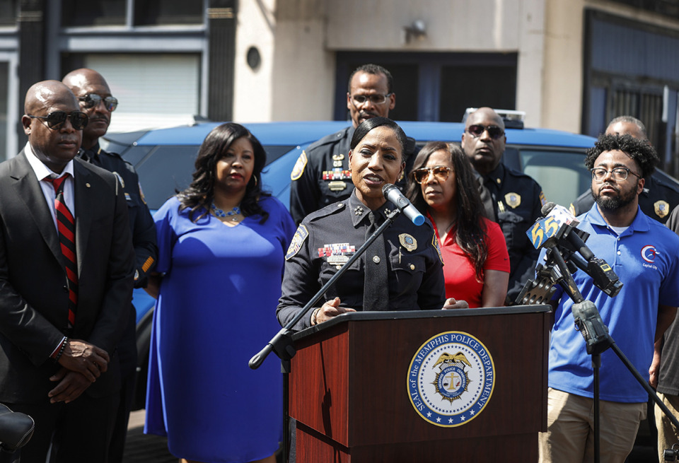<strong>Memphis Police Department chief Cerelyn &ldquo;C.J.&rdquo; Davis (middle) speaks during an eclectic bike dedication ceremony May 9.</strong> (Mark Weber/The Daily Memphian)