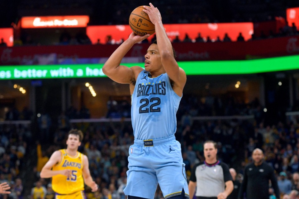 <strong>Memphis Grizzlies guard Desmond Bane (22) shoots against the Los Angeles Lakers during the first half of Game 5 in a first-round NBA basketball playoff series Wednesday, April 26, 2023, in Memphis, Tenn.</strong> (AP Photo/Brandon Dill)