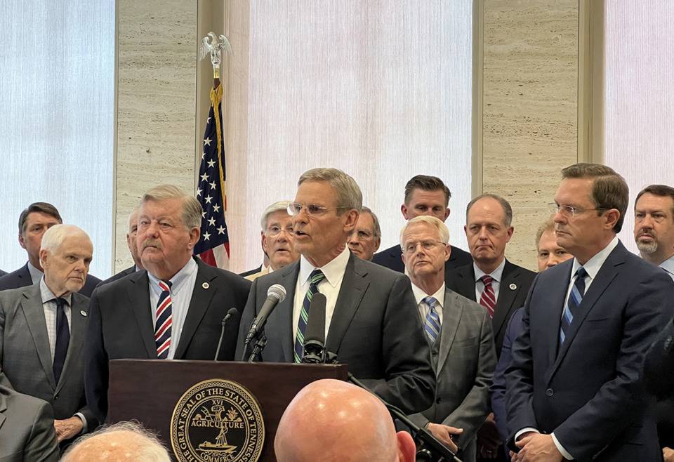 <strong>Gov. Bill Lee, surrounded by Republican General Assembly leadership, speaks April 3.</strong> (Ian Round/The Daily Memphian file)