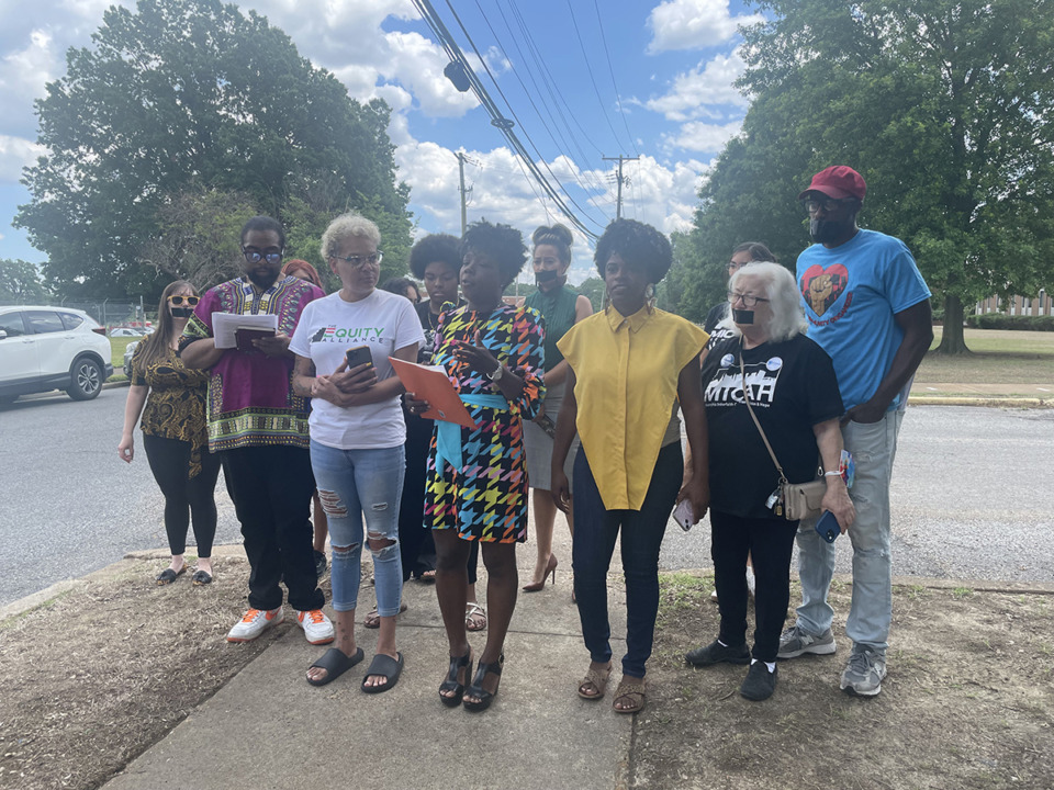 <strong>Five banned activists and other community leaders gathered in front of the Memphis-Shelby County Schools board May 18, 2023. They made several demands and suggested legal action could be taken if they are not met.</strong> (Aarron Fleming/The Daily Memphian)