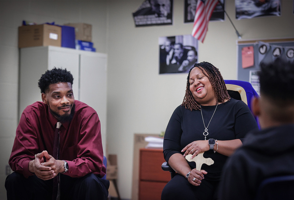 <strong>A. Maceo Walker Middle School counselor Tosha Spears (right) and assistant principal Terry Smith Sr. lead a session of Project RESTORE, a program aimed at curbing violence in district schools May 17.</strong> (Patrick Lantrip/The Daily Memphian)