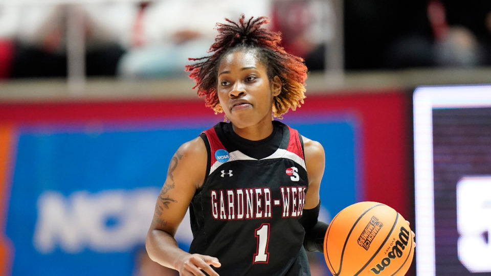 <strong>Gardner-Webb guard Ki'Ari Cain (1) brings the ball up court during the second half of a first-round college basketball game against Utah in the women's NCAA Tournament on March 17, 2023, in Salt Lake City.&nbsp;Cain&rsquo;s mother died in September 2022. </strong>(Rick Bowmer/AP Photo file)