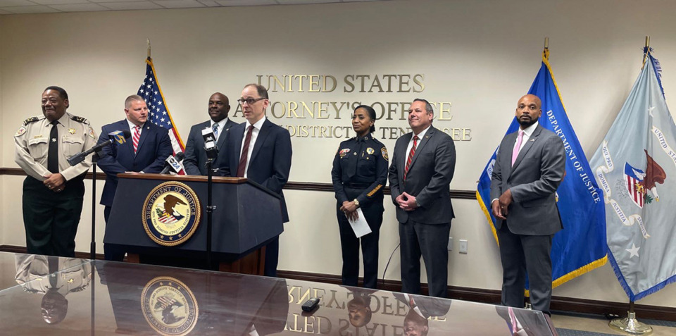 <strong>U.S. Attorney Kevin G. Ritz announced the prosecution of 26 individuals in crimes involving machine gun conversion devices, also known as &ldquo;switches&rdquo; or auto sears. Switches are small steel or plastic squared that affix to a semi-automatic weapon and engage the firing pin, converting the weapon into a gun capable of firing dozens of rounds of ammunition in seconds.</strong> (Julia Baker/The Daily Memphian)