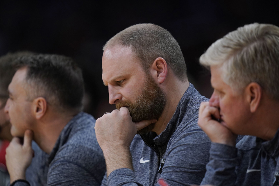 <strong>Memphis Grizzlies head coach Taylor Jenkins sits on the bench during the second half in Game 6 of a first-round NBA basketball playoff series against the Los Angeles Lakers April 28 in Los Angeles.</strong> (Jae C. Hong/AP file)