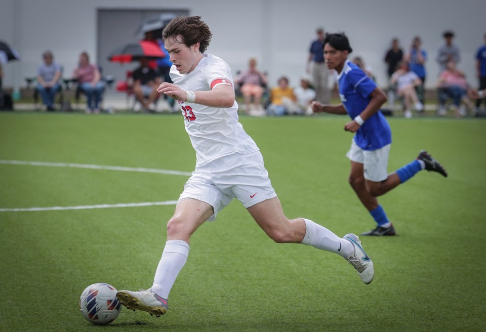 <strong>Bartlett's Joseph Dawson (13) brings the ball up the pitch during the May 23, 2023, game against LaVergne in Murfreesboro, Tennessee.</strong> (Patrick Lantrip/The Daily Memphian)