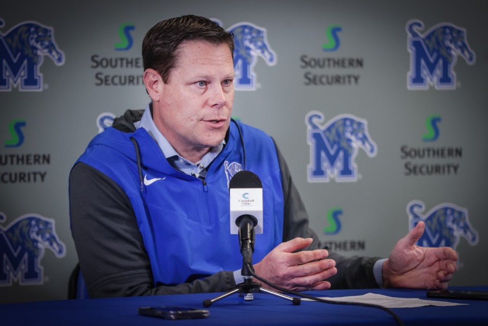 <strong>University of Memphis athletic director Laird Veatch speaks to the media before the Tigers' Friday Night Lights spring game April 21, 2023.</strong> (Patrick Lantrip/The Daily Memphian file)
