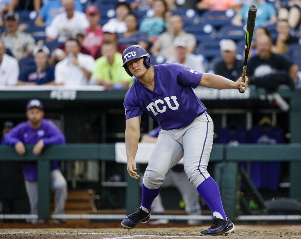 <strong>TCU's Luken Baker reacts after striking out during the fourth inning of an NCAA men's College World Series baseball game against Coastal Carolina in Omaha, Neb., June 25, 2016.</strong> (Nati Harnik/AP file)