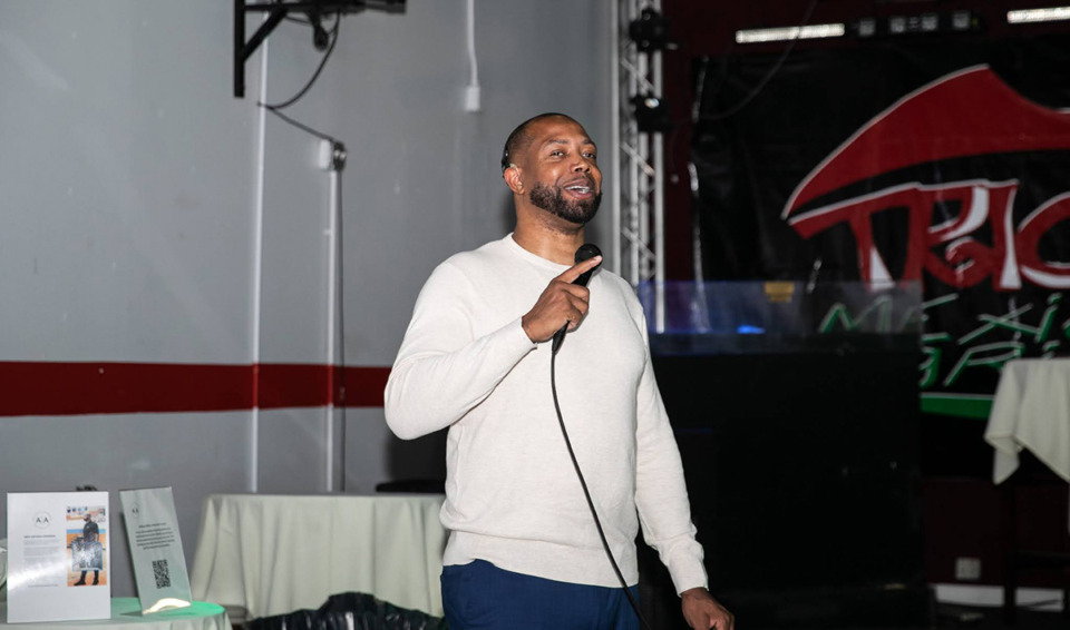 <strong>Antonio Anderson addresses attendees at a fundraising event for The Antonio Anderson Foundation in April in Lynn, Mass.</strong> (Courtesy Kayla Murkison)