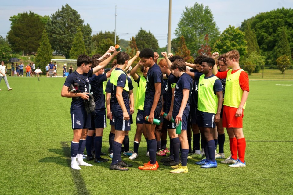 <strong>The Lausanne soccer team huddles during the game against University School of Nashville Wednesday at Siegel Soccer Park.</strong> (Courtesy Lausanne Collegiate School)