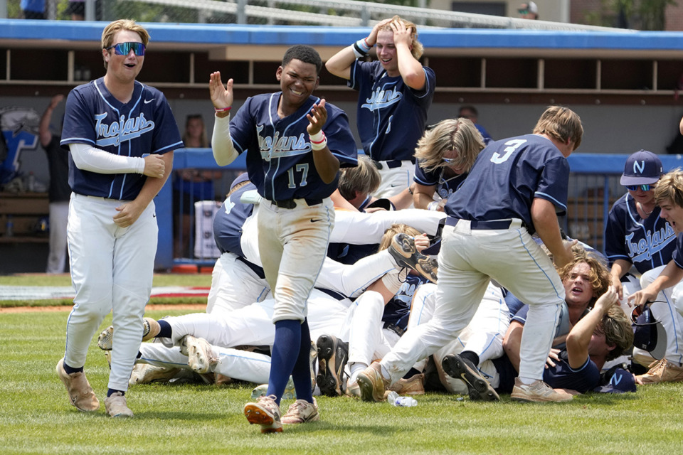 <strong>Northpoint Christian players celebrate after defeating Goodpasture in the Division 2-A championship baseball game May 25 in Murfreesboro, Tennessee.</strong> (Mark Humphrey/Special to The Daily Memphian)