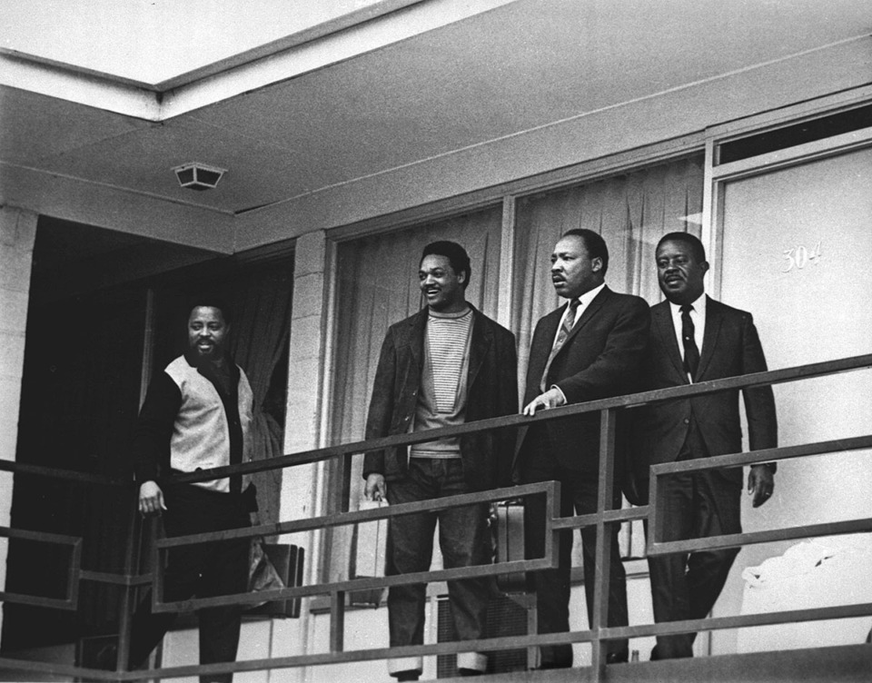 <strong>The Rev. Martin Luther King Jr. stands with other civil rights leaders on the balcony of the Lorraine Motel in Memphis, on April 3, 1968, a day before he was assassinated at approximately the same place. From left are Hosea Williams, Jesse Jackson, King and Ralph Abernathy.</strong> (Charles Kelly/AP Photo file)