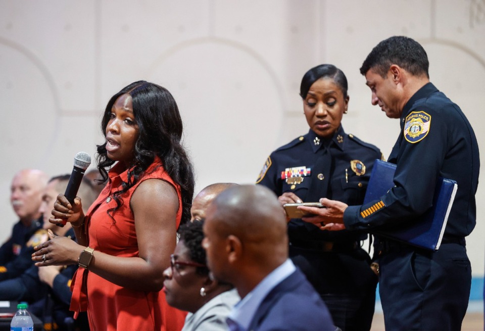 <strong>Memphis councilwoman Michalyn Easter-Thomas (left) speaks during a community meeting about the upcoming Greenlaw Community Center project on Tuesday, May 23, 2023.</strong> (Mark Weber/The Daily Memphian)