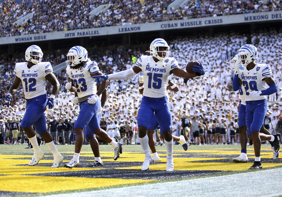 <strong>Memphis Tigers defensive back Quindell Johnson (15) celebrates after making a play during an NCAA football game against the Navy Midshipmen on Saturday, Sept. 10, 2022, in Annapolis, Md.</strong> (Daniel Kucin Jr./AP Photo file)