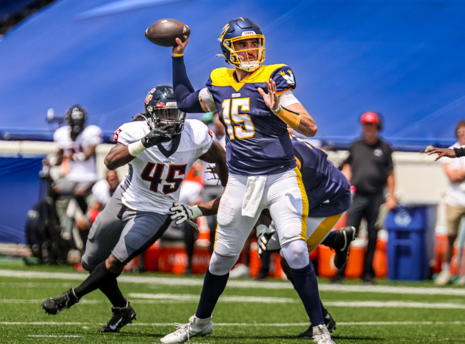 <strong>Cole Kelley (15) threw for 146 yards and two touchdowns in the Showboats&rsquo; win over Houston on Sunday, May 28, at Simmons Bank Liberty Stadium. Memphis beat the Gamblers 23-20.</strong> (Wes Hale/Special to The Daily Memphian)